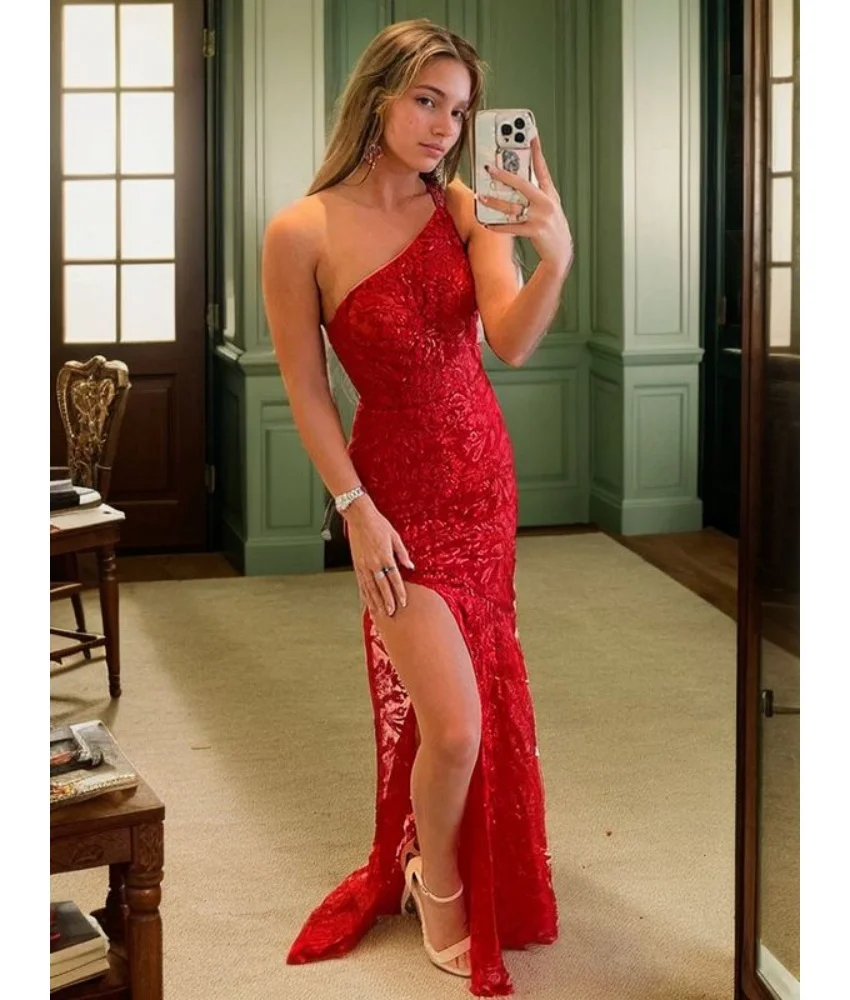 

Customized Sexy Lace Beading Crystal One Shoulder Straight Evening Dress Delicate Sleeveless Floor Length Celebrity Gowns