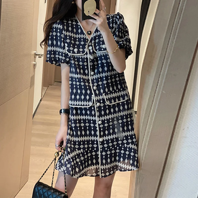 Summer Oversized Elegant Fashion Printing Single Breasted Mini Dress Women Short Sleeve Hollow Out Robe Femme Casual Vestidos