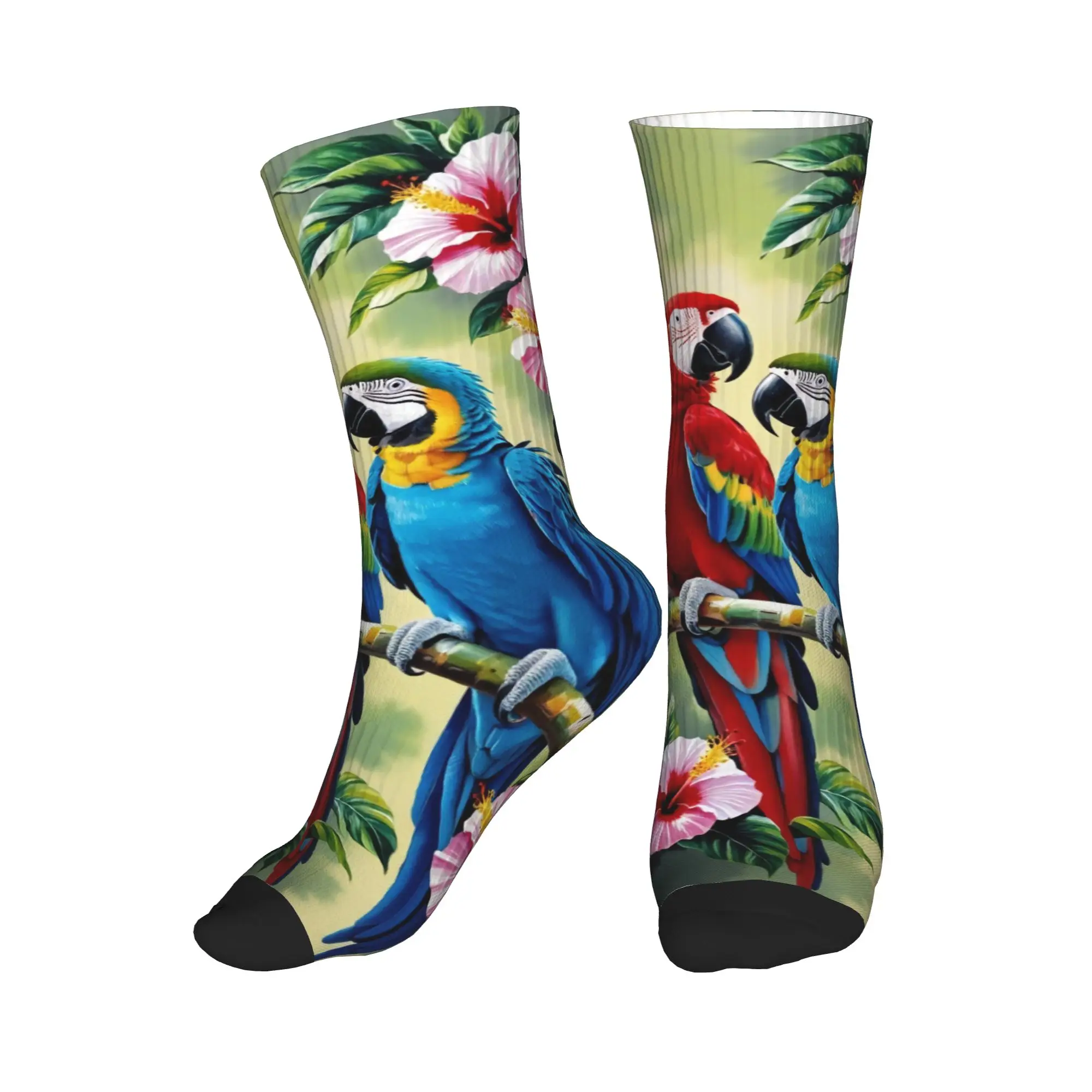 Cute Men's Dual Macaw Parrot Hibiscus Tropical Dress Socks Unisex Warm Comfortable 3D Printed  Crew Socks