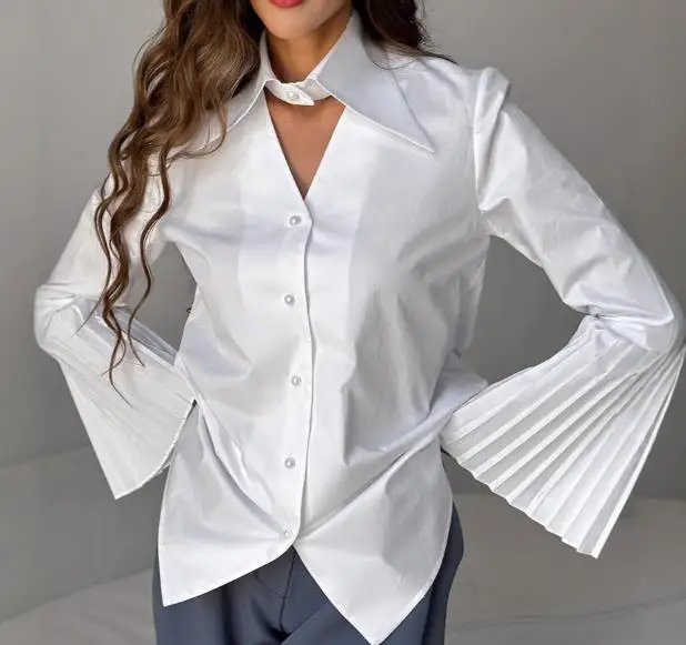 

Women Blouse 2025 Spring New Solid Color Temperament Woman Blouse Long Sleeve Pleated Flared Sleeve Versatile Casual Shirt