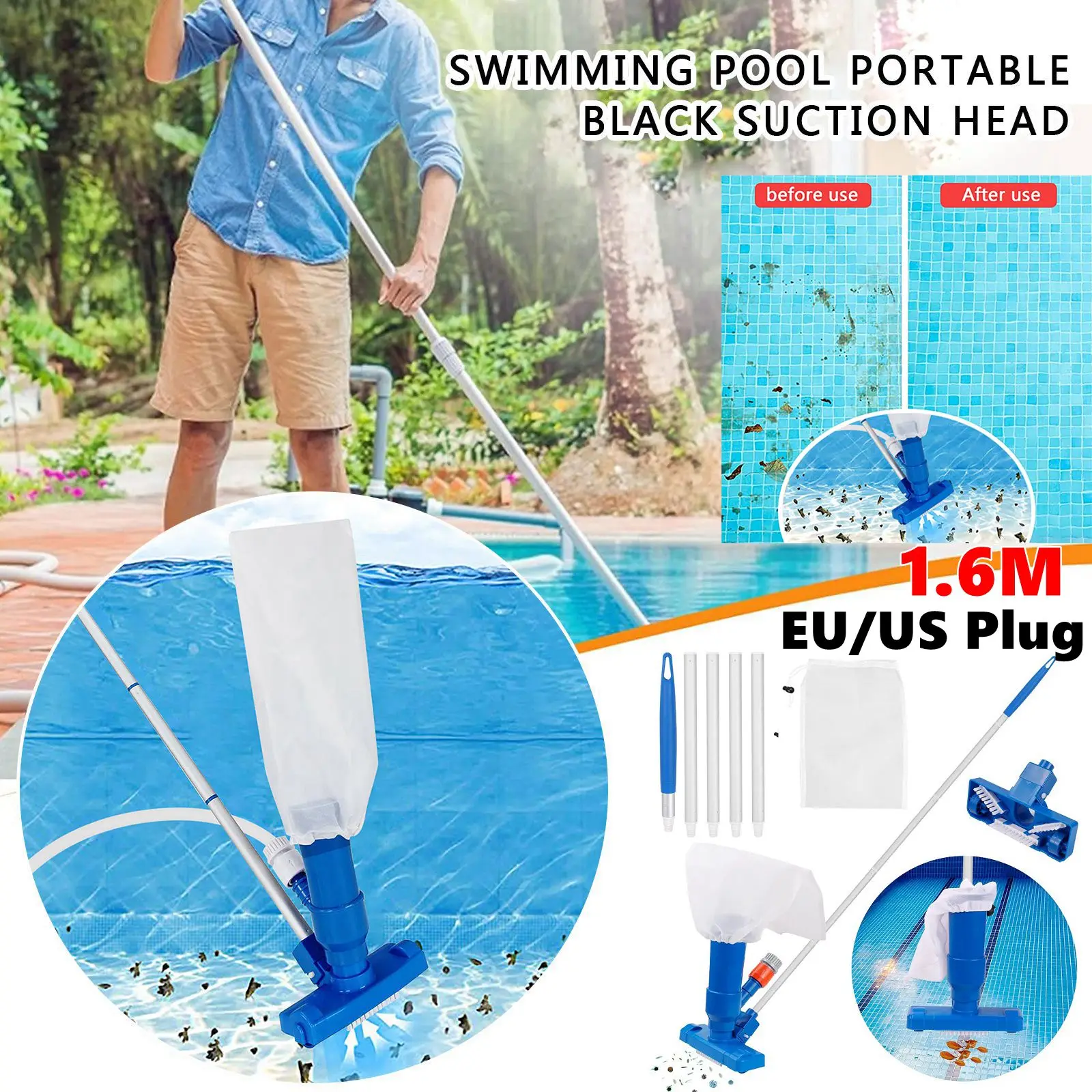 Aspiradora de Piscina con Manija, Kit de Limpieza de Piscinas, Limpiador de Fuentes Portátil para Piscinas Elevadas