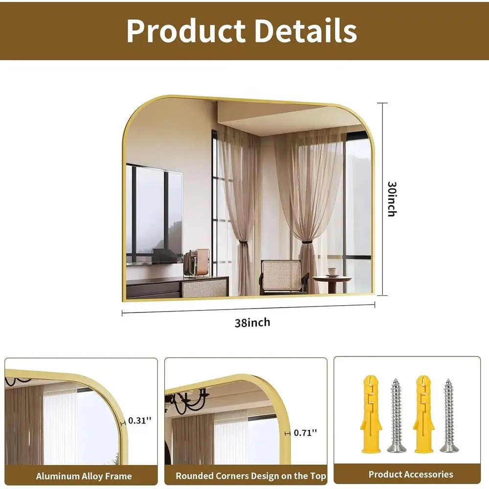 Espelho de banheiro superior curvo 38x30 com moldura larga, moldura de alumínio, adequado para sala de estar, quarto e entrada