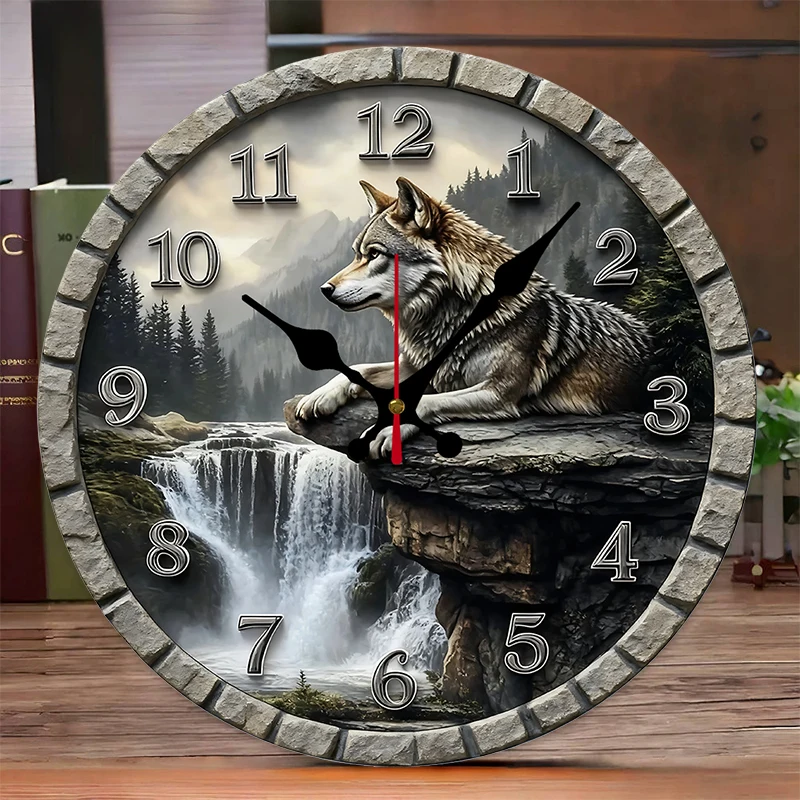 The Wolf On The Cliff Wooden Round Silent Hanging Wall Clock, Suitable For Living Room,Office,Study Room,Bedroom,Home Decoration