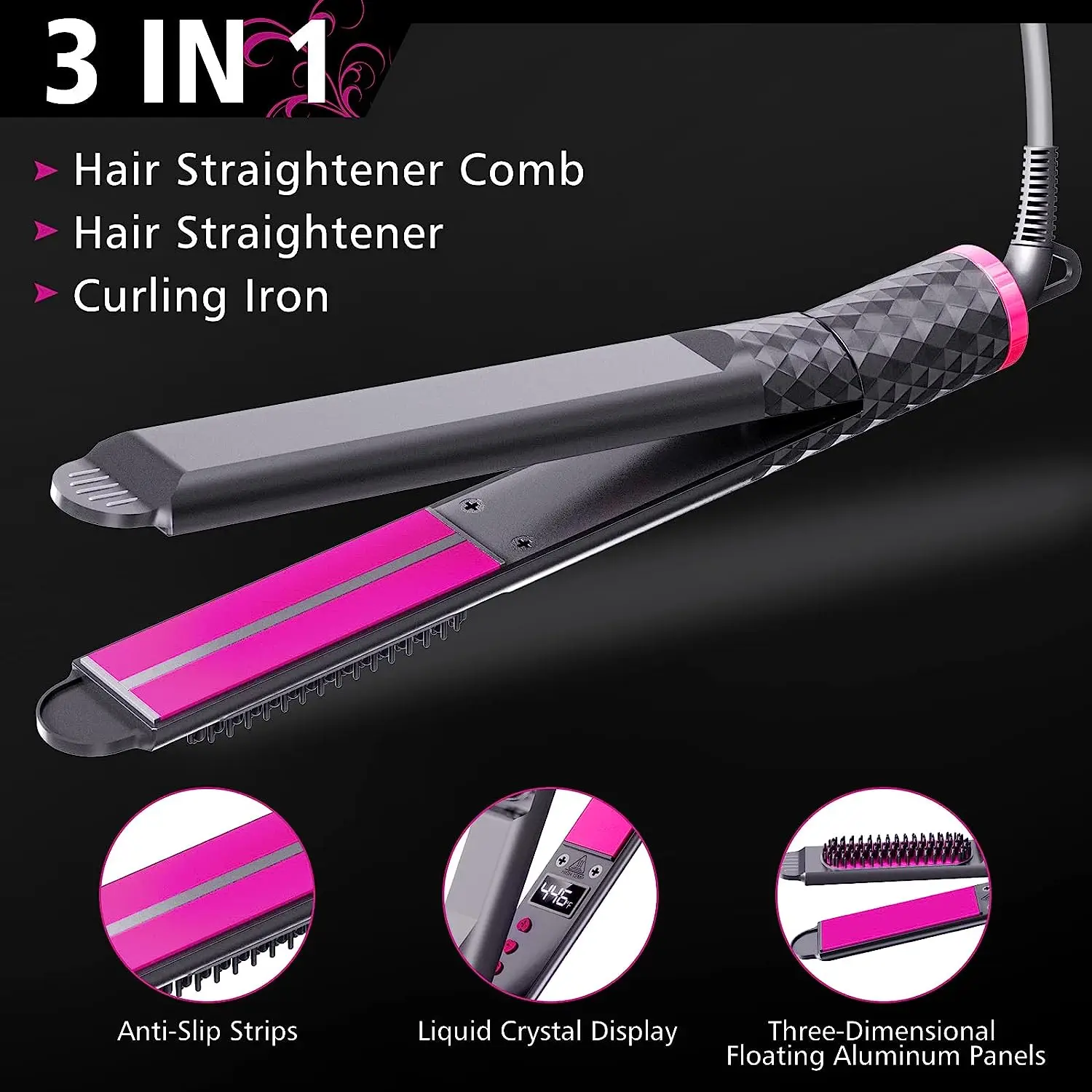 Hair Straightener&Curling Flat Iron 3-in-1 Fast Heating Electric Hot Comb Ceramic Ionic Straightener Flat Iron Women Hair Brush