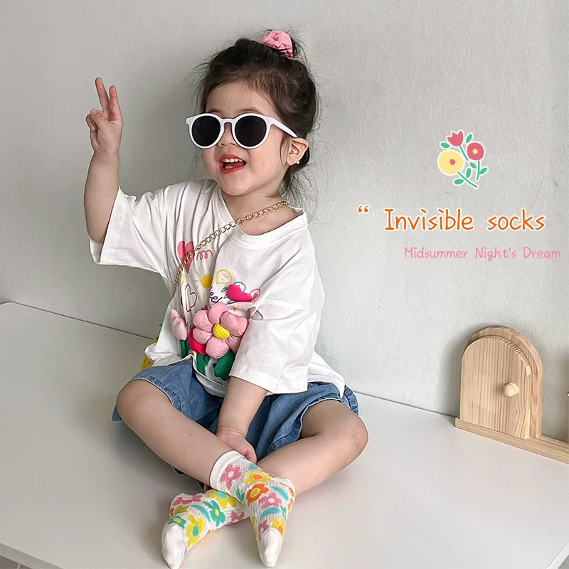 4Pairs 1-12Year Spring/Summer 2023 Thin Striped Flower Baby Socks Mesh Cotton Cute Girls' Socks