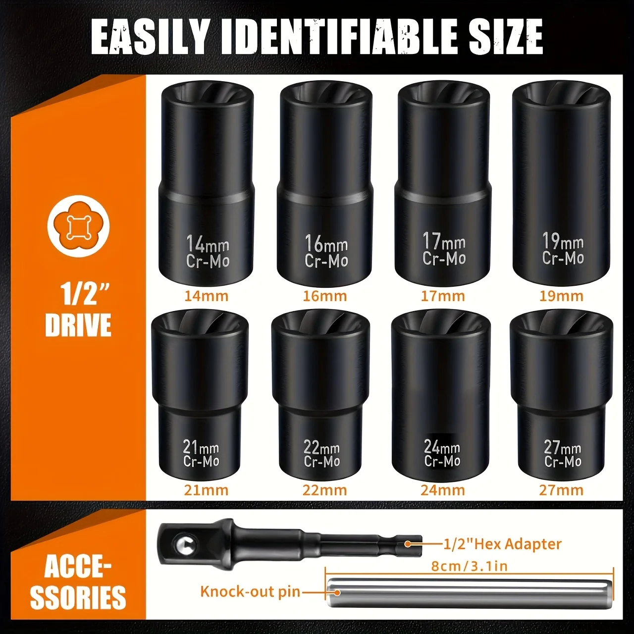 10 Pcs Lug Nut Remover, Wheel Lock Removal Kit, 1/2-Inch-Drive Impact Easy Out Bolt Extractor Socket Set