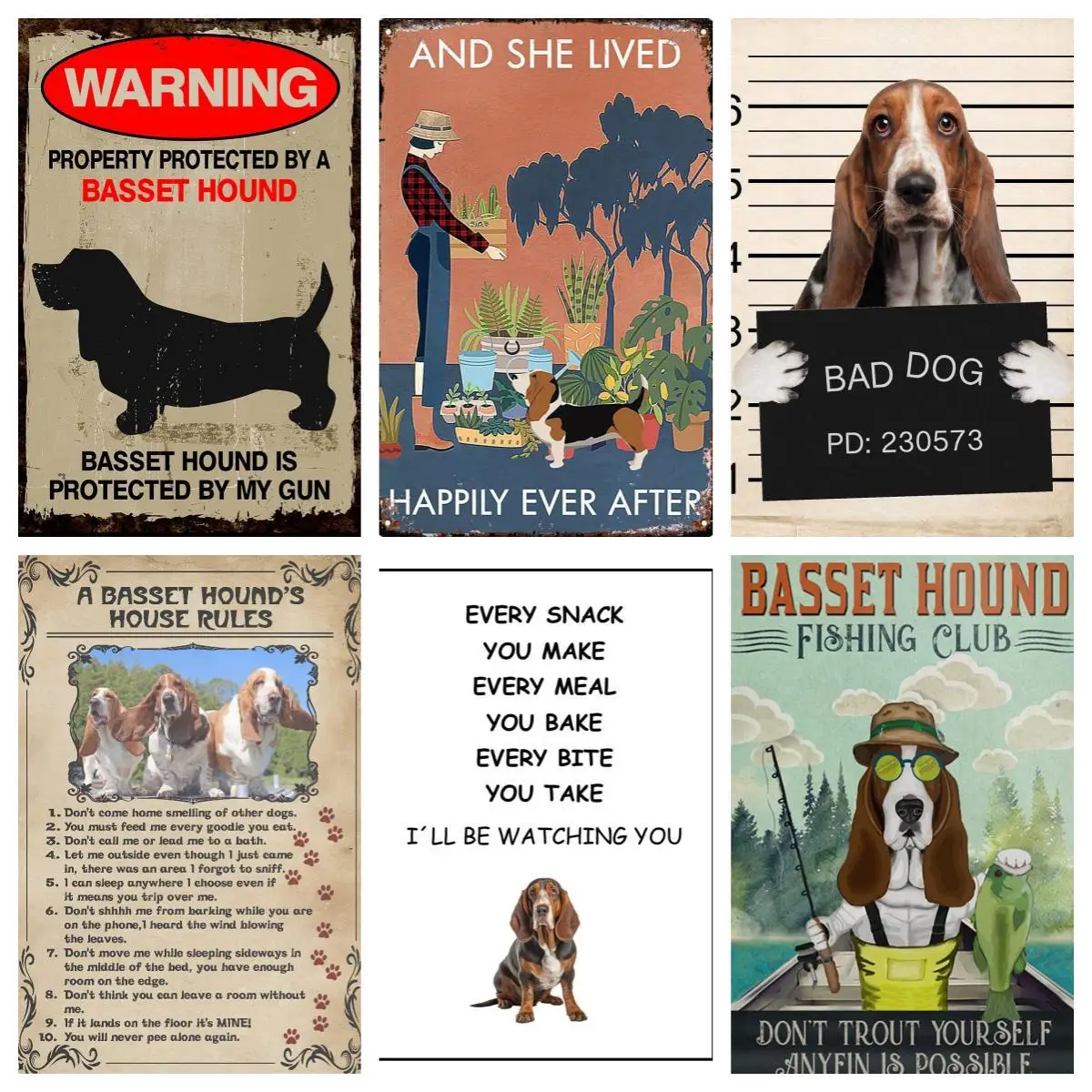 Beware of Basset Hound Dog 8” X 12” Vintage Metal Tin Sign, Retro Warning Sign，Home Kitchen Bathroom Cafe Yard Bar Garage Decor