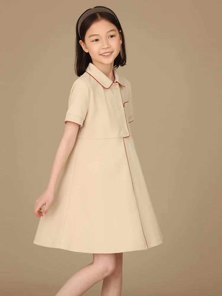 Summer Children\'s Asymmetric placket Polo Turn-down Collar Skirts Preppy Style Cotton Solid Lovely Fashion Modern Designable