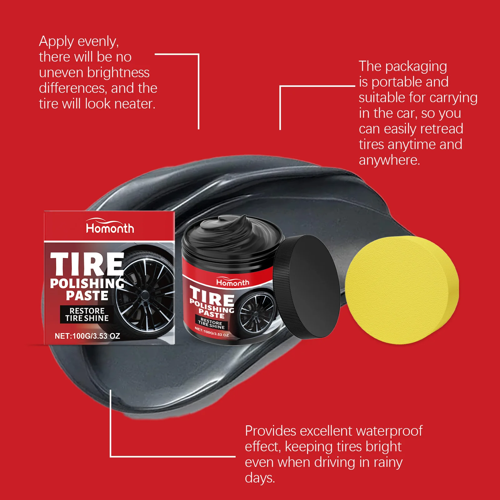 New Arrival Tire Shine Paste Back To Black Wet Look Tire Wax Waterproof Anti Aging Auto Wheel Polishing Cream With Sponge