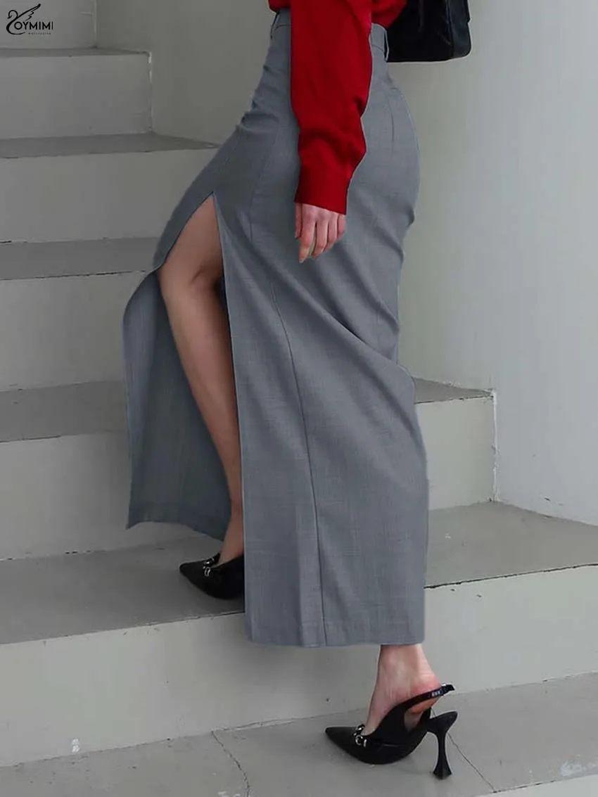 Oymimi Fashion Dark Grey Slim Skirts For Women Elegant High Waisted Zipper Pockets Skirts Autumn New Side Slit Straight Skirt