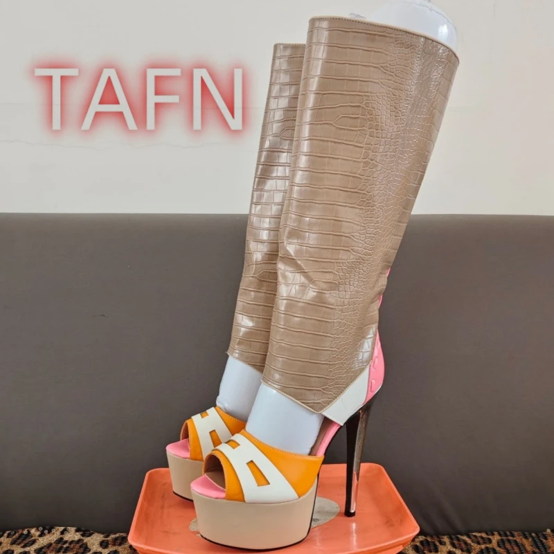 

Grey Crocodile Print Knee High Boots with Silver Stiletto Heels Open Toe Patchwork Platform Long Sandal Boot Gothic Party Shoes