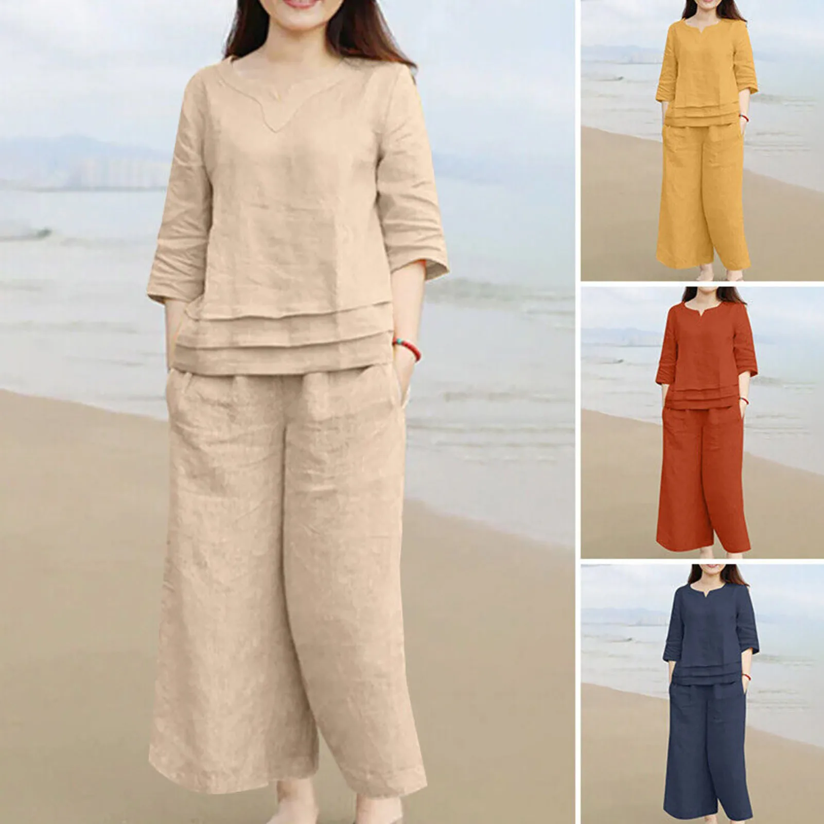 Women Pantsuit Women\'s 2PCS V Neck Three Quarter Sleeve Top Wide Leg Pants Set with Loose Fit Soft Solid for Comfortable