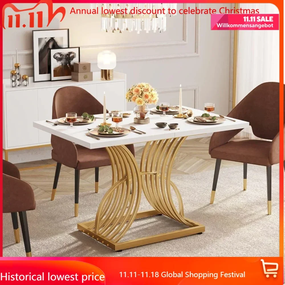 

Modern Dining Table for 4 People 47 Inch Rectangular Kitchen Table with Faux Marble Tabletop and Gold Geometric Legs Small