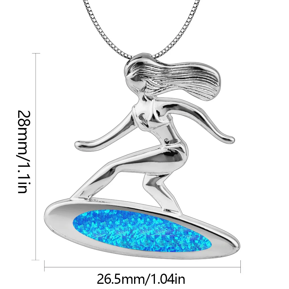 قلادة سيرفر للنساء، قلادة فضية ديناميكية مع أوبال صناعية زرقاء، هدية مجوهرات ركوب الأمواج بسيطة لمحبي الشاطئ