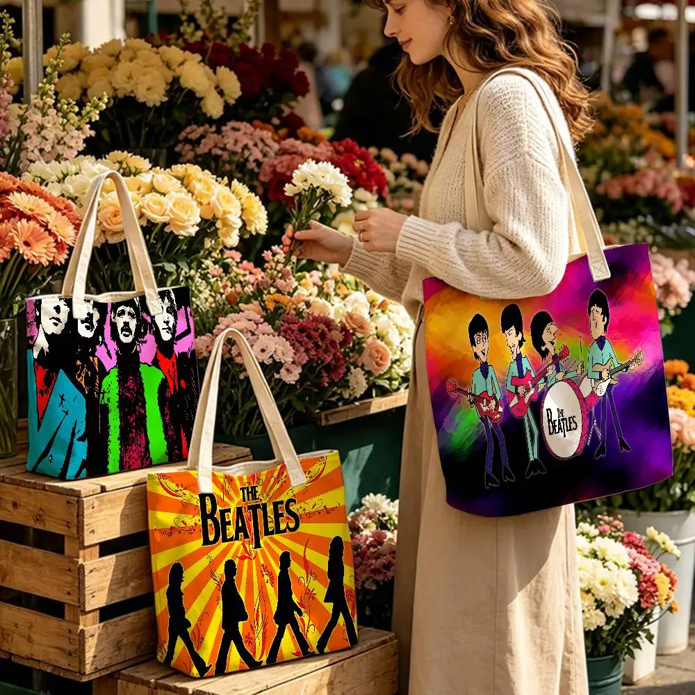 T-The-B-Beatles Rock Band Large Storage Tote Bag Linen Blend Cotton Polyester Shoulder Handbag Reusable Eco‑Friendly Daily Bag