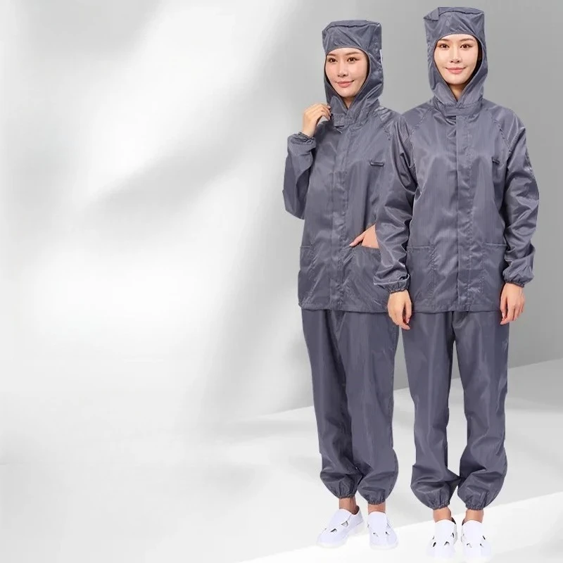 Grey hooded split anti-static clean clothes with pockets food medicine dust-free clothes spray paint protective work clothes