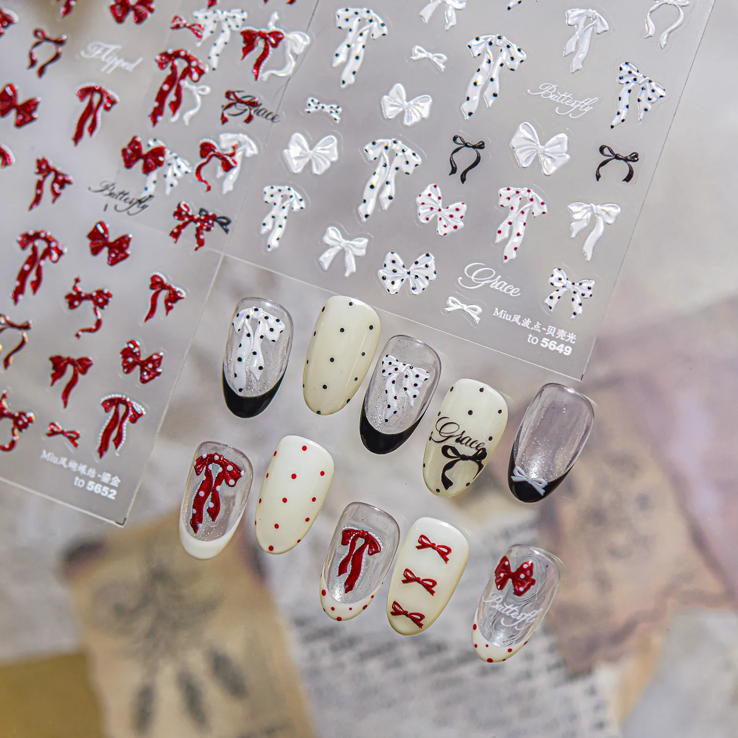 Grace Red White Bowknot Bow Tie Black White Polka Dot Ribbon Lavish Pearl Chain Shiny Adhesive Nail Art Stickers Manicure Decals