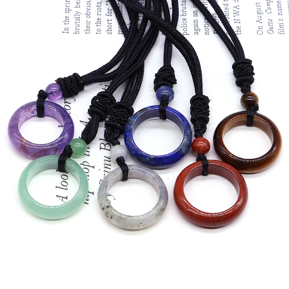 

Natural Stone Carved Circular Pendant Healing Crystal Amethyst Jewelry Bead Gemstone Ring Necklace Adjustable Braided Rope Cords