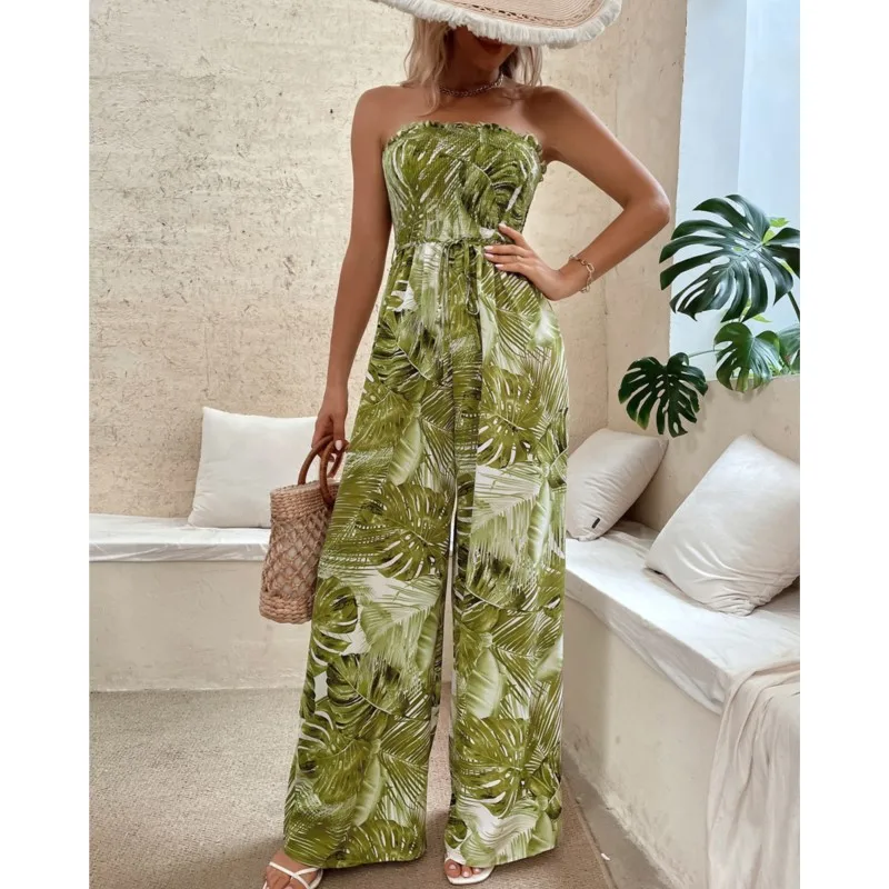 Verão sexy sem alças macacões feminino verão moda planta impressão cintura elástica festa de férias macacão