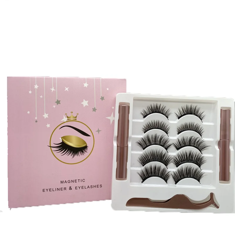 5 Pairs Magnetic Eyelashes False Lashes Repeated Use Eyelashes Waterproof Liquid Eyeliner With Tweezer Makeup Set