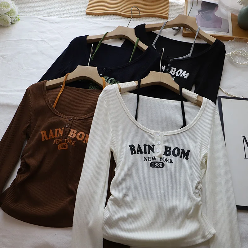 Amerikanischen Brief Drucken Neline Lange Sve ort T-shirt Frauen Frühen Herbst Neue Sle Abnehmen ort oulder Bared Top