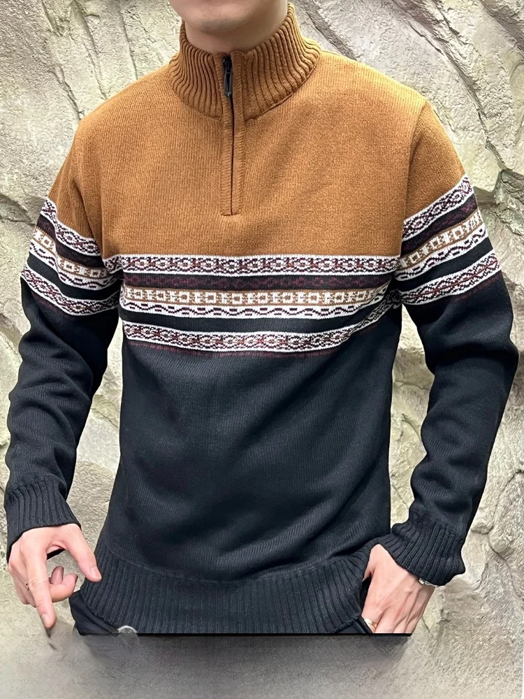 

Trendy Men's Knitted Sweater Fashionable Floral Patterned Fleece Lined Warm Polyester Fiber Geometric Design Long Sleeve Crew...