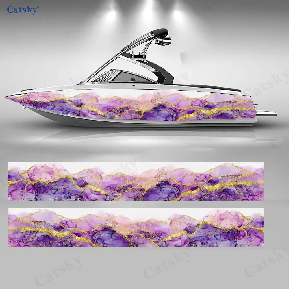 

2Pcs Purple & Gold Marble Boat Wrap, PVC Waterproof Durable Vinyl Wrap Decals for Fishing Boats, Durable and Stylish Design