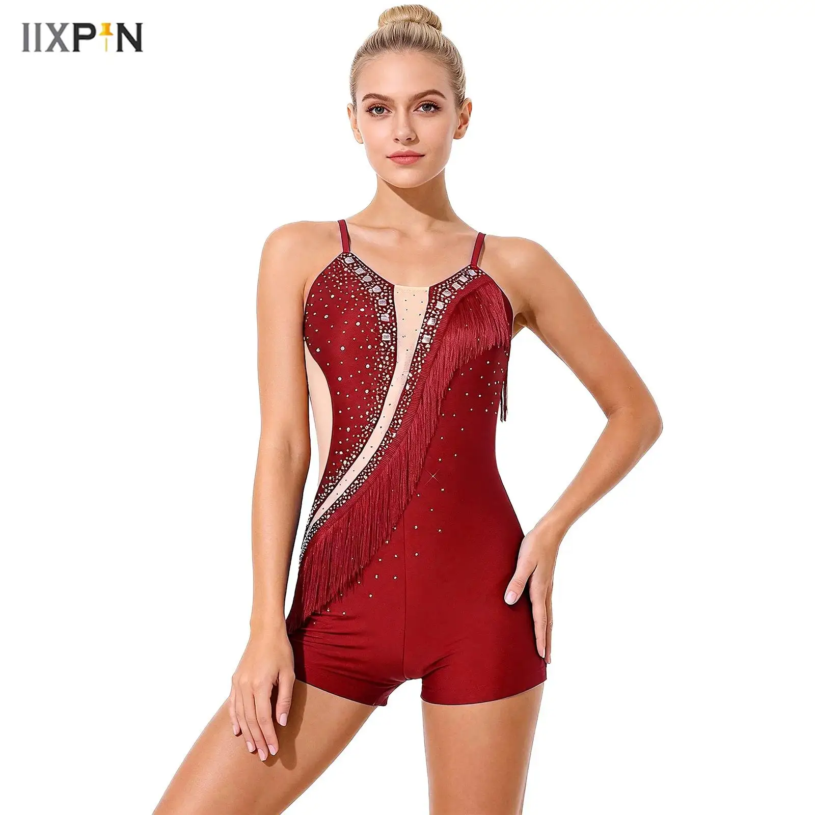 Damski kombinezon do tańca latynoamerykańskiego jazzowego z frędzlami, zdobiony dżetami, z cholewkami typu boy-shorts, idealny do łyżwiarstwa figurowego, tanga i cha-cha.