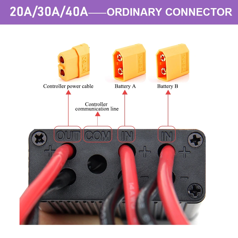 Modulo parallelo a doppia batteria XT60 per bicicletta elettrica, connessione 20 A, 30 A, 40 A, 20 V-72 V CC