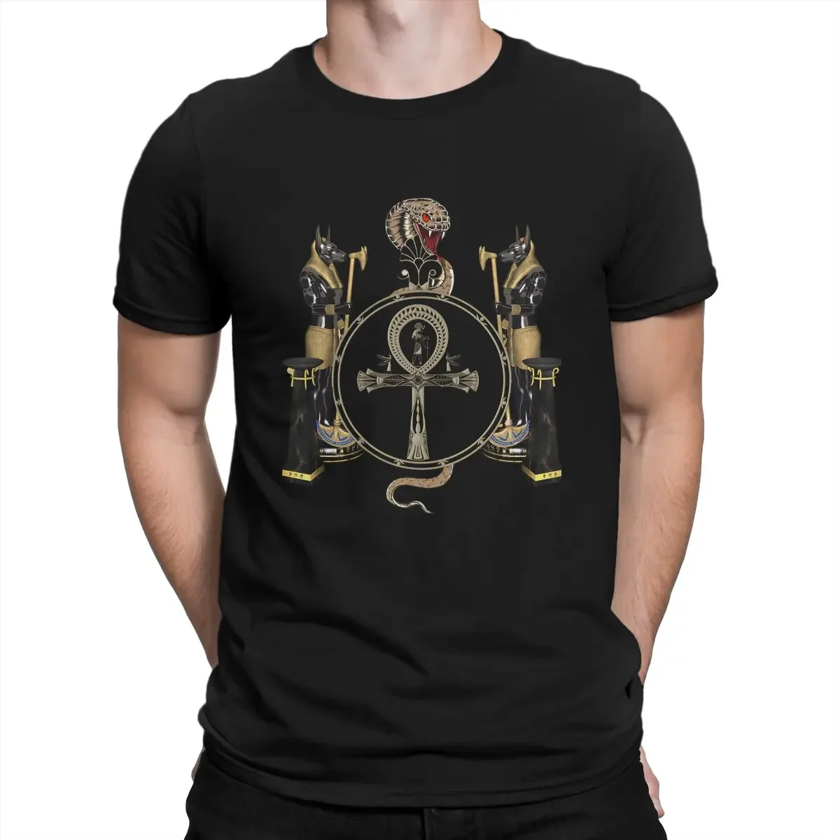 Ancient Egyptian Symbol Newest TShirt for Men Anubis The Egyptian God And Snake Round Collar Pure Cotton T Shirt