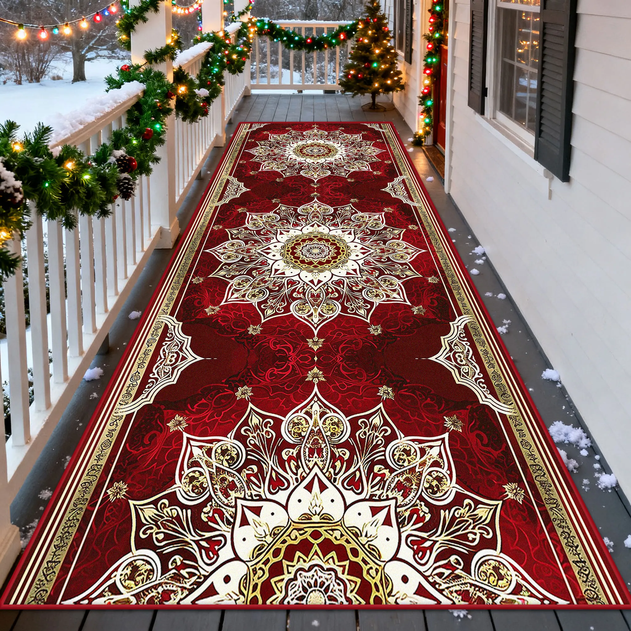 

American Style Christmas Outdoor Long Runner Rugs Home Balcony Washable Non-slip Red Carpet Decoration Bedroom Kitchen Aisle Mat