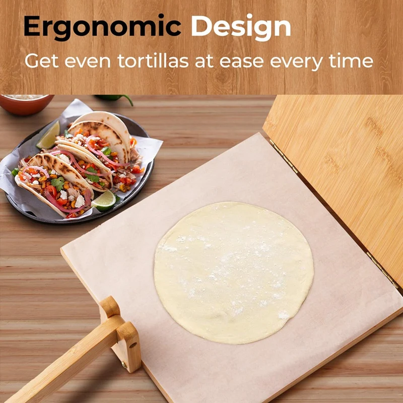 BEAU-Wooden Tortilla Press 10 Inches Wood Tortilla Press Maker, With Rolling Pin & 50 Pcs Parchment Paper, For Homemade