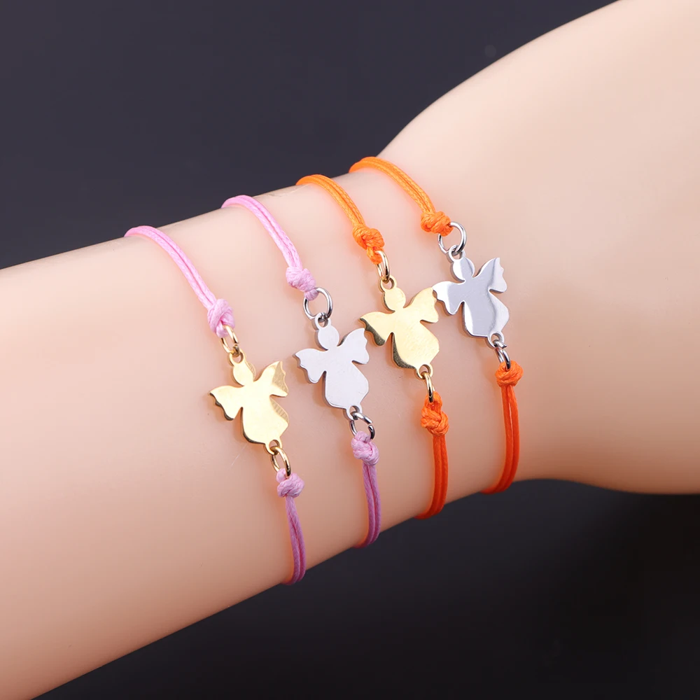 5pcs/lot Stainless Steel Angel Charm Bracelet Wax Thread Braided Adjustable Slider Bracelet For Women Jewelry Gift