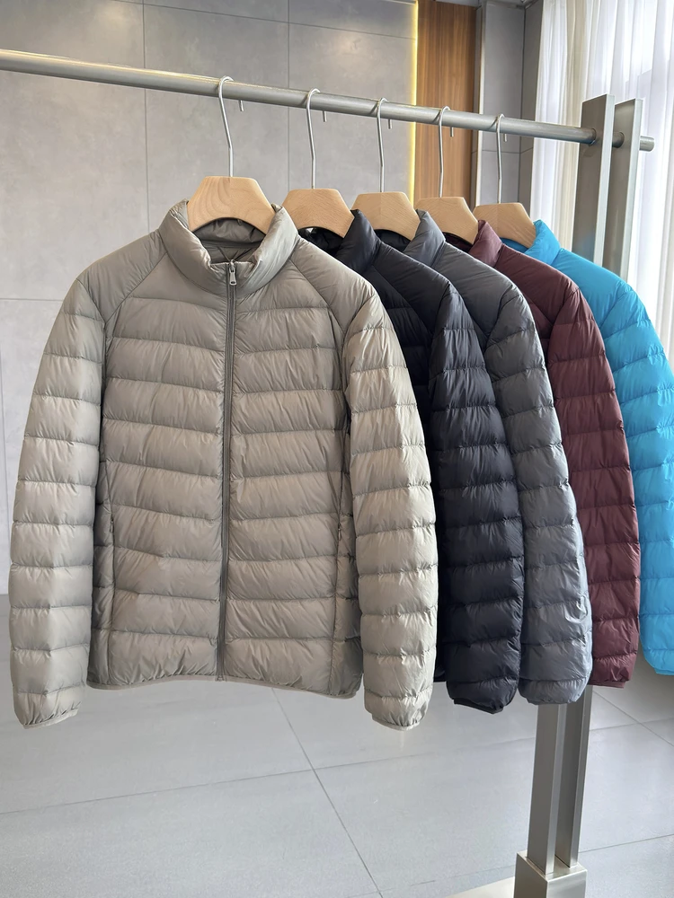 Jaqueta Puffer Masculina Leve e Confortável com 90% de Penas, Tecido Amigo da Pele, Gola Alta, Quente e Simples, em Nylon