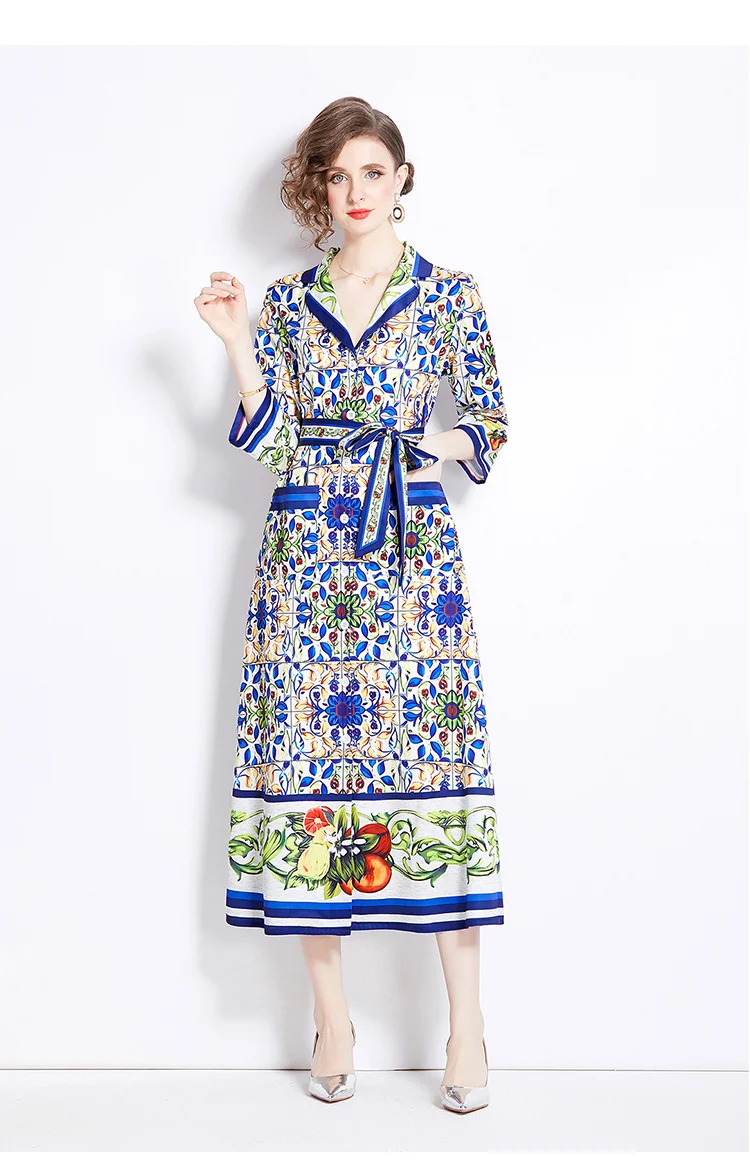 Fashion Runway Flower Print Green Shirt Long Dress Women Clothing Notched Collar Single Breasted Lace Up Pocket Loose Vestidos