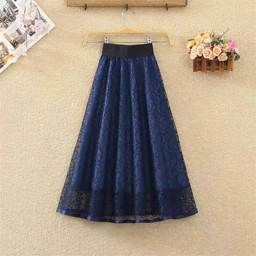 Gowyimme Spring Summer Fahion Women High Waist Lace Skirt Girl Midi-long A-line Solid Skirts Bottomings Retro Big Swing PD1745