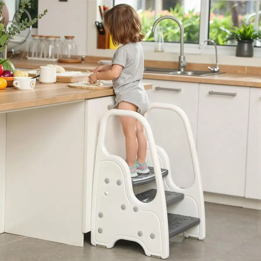

3 Step Stool with Handle for Toddler and Kids, Adjustable 3 Step Stool for Kids with Handles and Safety NonSlip Pads,Standing T