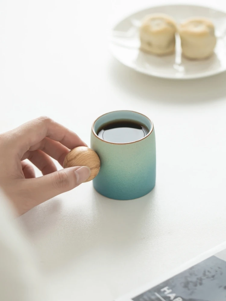 New Chinese Style Coarse Pottery Insulated Espresso Cup Wooden Ball Handle Professional Barista Used Black Coffee Mug Cafe Shot