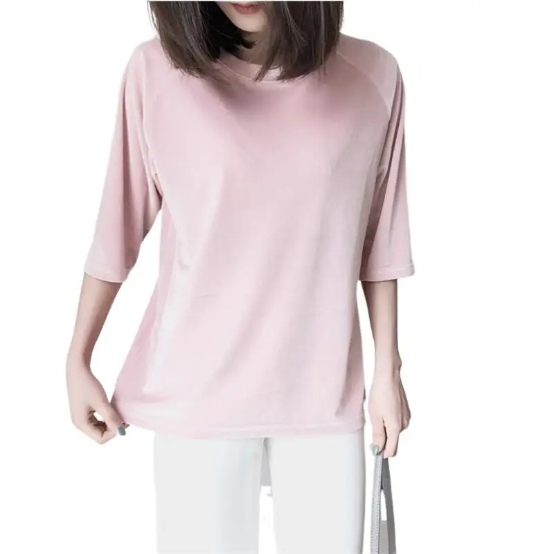 2024 Spring and Autumn Fashion Slim Gold Velvet Shirts Half Sleeve 0-neck Thin Tops Summer casual Velours Woman Blouse