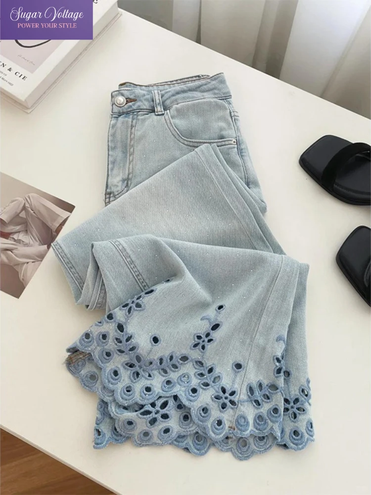 

2025 Summer Luxury Loose Hollow Embroidered Rhinestone Jeans Women High Waist Straight Denim Pants Y2K Casual Streetwear Look