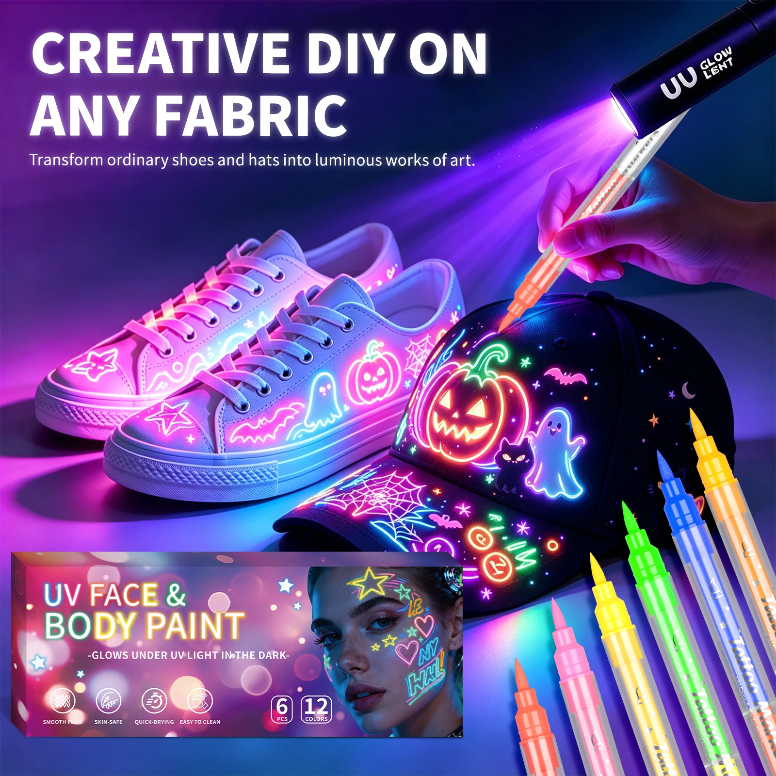 Multi-Specification Dual-Tip Uv Fluorescent Paint Pens, Glow-In-The-Dark Neon Graffiti Pens, Washable Quick-Dry Face Paint Pens, Halloween Christmas Music Festival Rave Party Stage Makeup Decoration Paint Markers, Dual