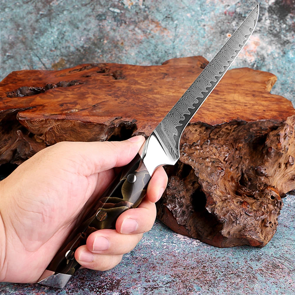 

Flexible Fillet Knife Japanese Damascus Steel Sharp 6 Inch Boning Knife, Kitchen Fish Meat Knife ,Copper Platinum Resin Handle