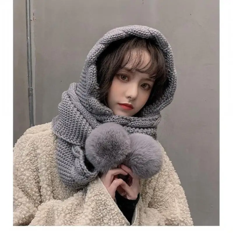 Damen Winter Strickmütze mit integriertem Schal, flauschigen Bommeln, dick und warm für Skifahren, Pendeln und kaltes Wetter – Detail 10