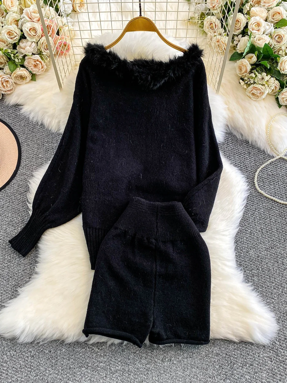 Weicher, gemütlicher, gespleißter Strickpullover, One-Shoulder-Design, eep Leg Sve Furry, Set zum Abnehmen, hohe Taille, Orts, Herbstmode...