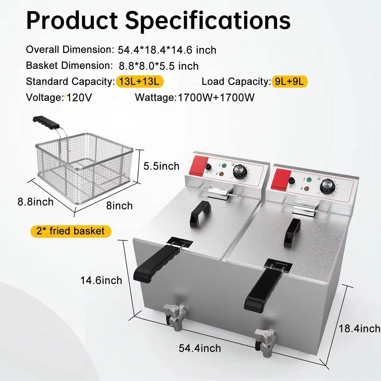 Dual Tanks Commercial Deep Fryer Electric 1700W 120V 26L Large Capacity Stainless Steel Countertop Kitchen Frying Machine