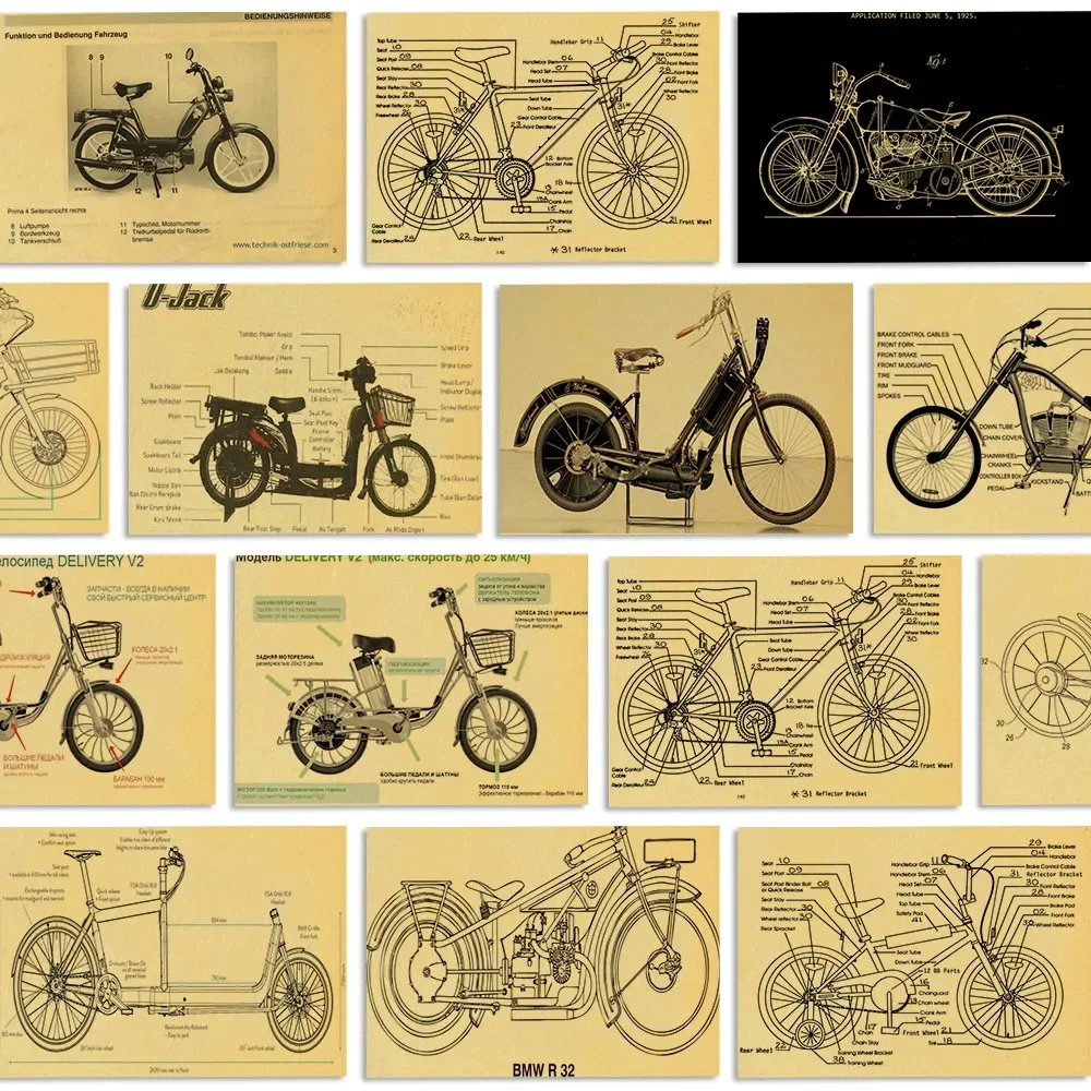 Motorcycle Structural Diagram Encyclopedia Poster Vintage Kraft Paper Prints and Posters Wall Stickers Home Room Decor Painting