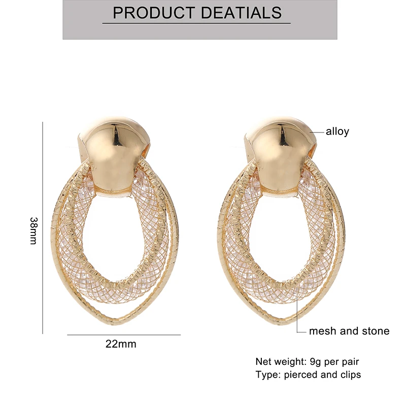 NEW Retro Geometric Navettes Clip on Earrings Metal Mesh and Rhinestone Earrings for Women Without Pierced  Fashion Jewelry 2022