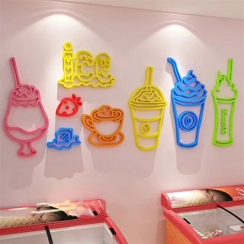 Drink Shop Dessert House Wall Decorations Stickers Color Ice Cream Pattern Wall Stickers 3D Acrylic Wall Stickers Modern Style