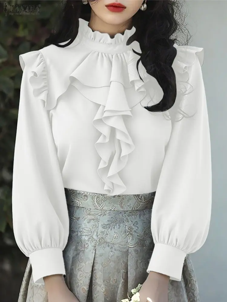 ZANZEA أنيقة مكتب سيدة بلايز تكدرت القمصان 2025 المرأة الخريف طويلة الأكمام الوقوف طوق بلوزة موضة عادية الصلبة Blusas OL