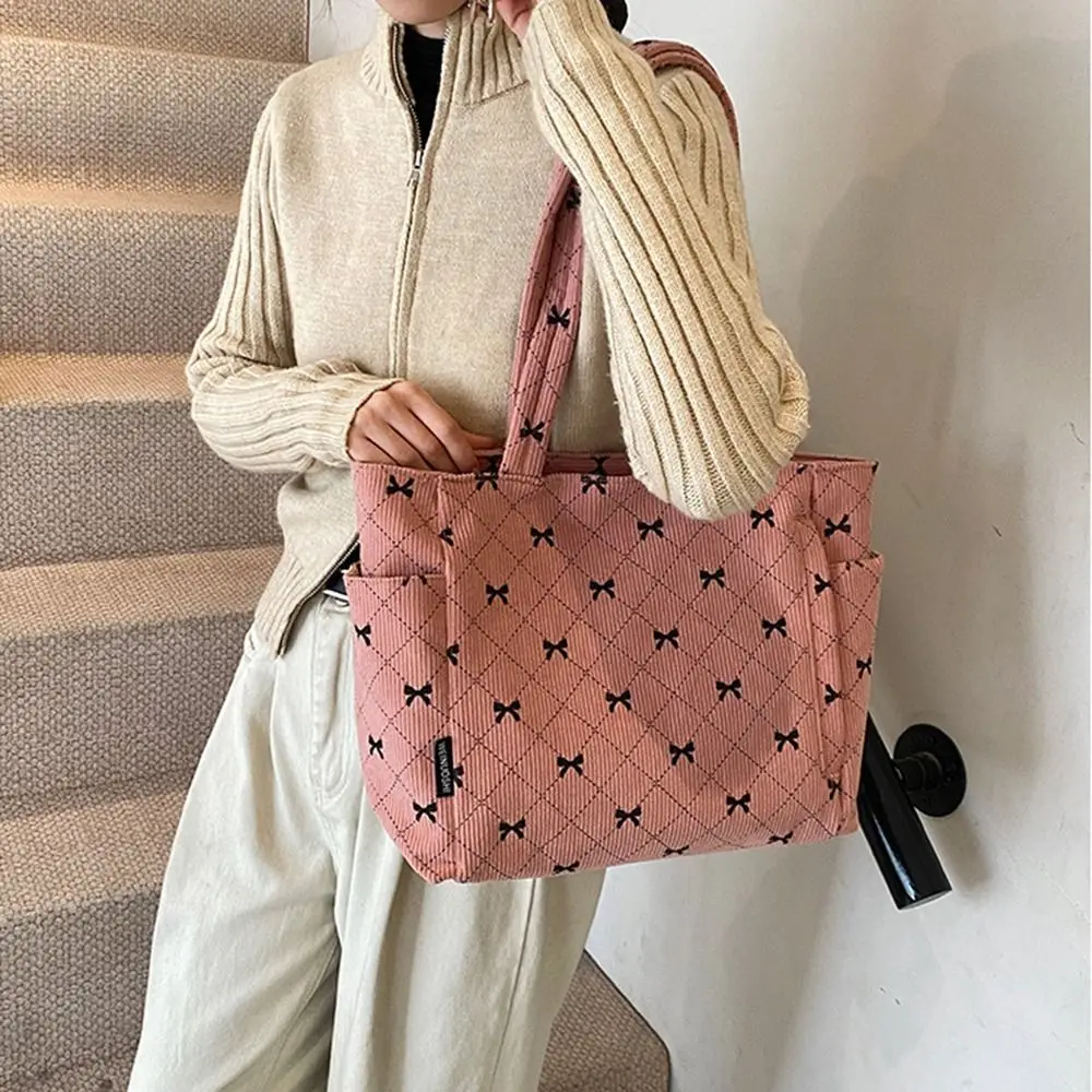 

INS Corduroy Tote Bag Korean Style Bow Pattern Travel Shoulder Bag Large Capacity Zipper closure Portable Handbag Underarm